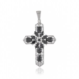 May include: A silver cross pendant with black gemstone accents. The cross is adorned with a floral design and features a bail for attaching to a chain.