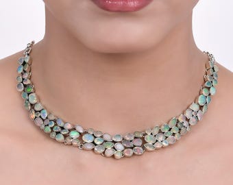 Ethiopian Opal 925 Silver Necklace: Bridal Wedding Jewelry