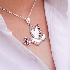 Dove Pendant, Bird Pendant, Silver Pendant Women, Silver Pendant Necklace, Christmas Gift for Her, Anniversary gift for wife, Garnet Jewelry