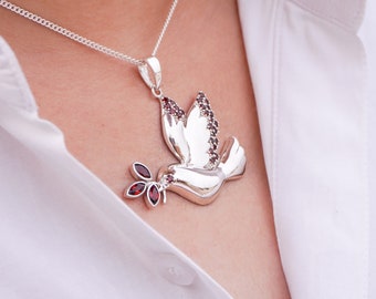 Dove Pendant, Bird Pendant, Silver Pendant Women, Silver Pendant Necklace, Christmas Gift for Her, Anniversary gift for wife, Garnet Jewelry