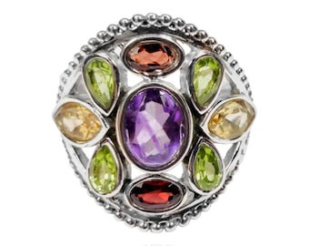 Boho Bunter Ring, 925 Sterling Silber Multi Stein Ring, Birthstone Ring, Statement Ring, Edelstein Ring, Vintage handgemachte Ring