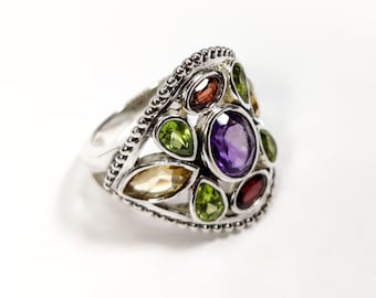 Bohemian Colorful Ring, 925 Sterling Silver Multi Stone Ring, Birthstone Ring, Statement Ring, Gemstone Ring, Vintage Handmade Ring