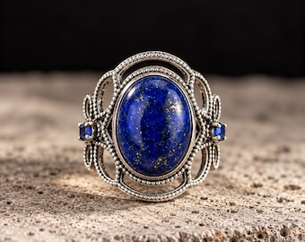 May include: A silver ring featuring a large, oval-shaped, deep blue lapis lazuli gemstone with gold-colored flecks. The metal band has an intricate, openwork filigree design with beaded edges and two small, square-cut blue accent stones on the sides.