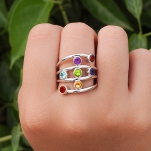 Sterling Silver 7 Chakra Healing Ring | Natural Multi-Gemstone Spiritual Jewelry for Women Healing Yoga Spiritual Jewelry