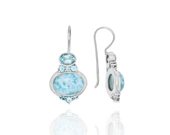Pendiente de topacio azul y larimar 925 pendiente de plata pendiente de gancho pendiente de piedra preciosa regalo para su pendiente de tema de pendiente de piedra azul