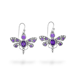 Libellen Ohrringe, Massive 925 Sterling Silber Ohrringe, Amethyst Ohrringe, Natürliche Edelstein Ohrringe, Baumeln & Tropfen Ohrringe,Boho Ohrringe