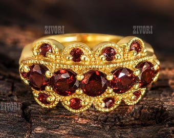 Natural Garnet Ring, Gold Cocktail Ring, Vintage Style Cluster Ring, Multi Gemstone Statement Ring, January Birthstone Jewelry Gift
