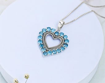 Swiss Blue Topaz Heart Pendant: 925 Sterling Silver Necklace