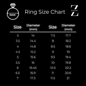 May include: Ring size chart with a diagram of a ring and the text "Diameter". The chart shows ring sizes from 3 to 11.5 and their corresponding diameters in millimeters.