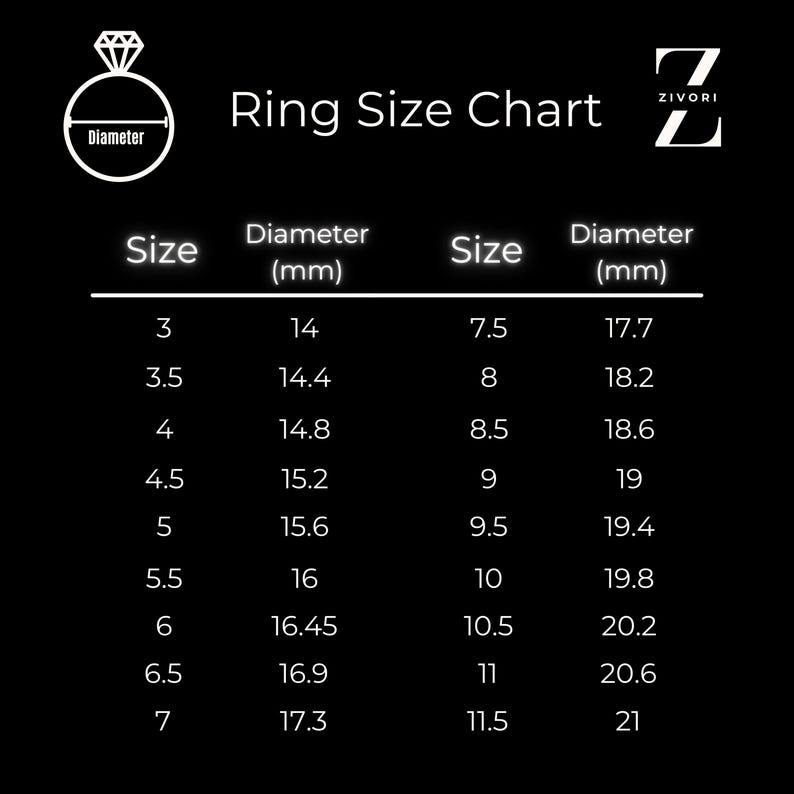 May include: Ring size chart with a diagram of a ring and the text "Diameter". The chart shows ring sizes from 3 to 11.5 and their corresponding diameters in millimeters.