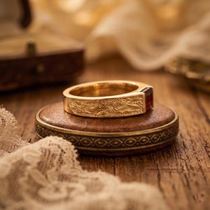 May include: A gold ring featuring a textured, wave-like pattern engraved along the band and a single, rectangular, dark red gemstone set at the front. The metal surface displays a polished finish with intricate detailing across the entire outer band.