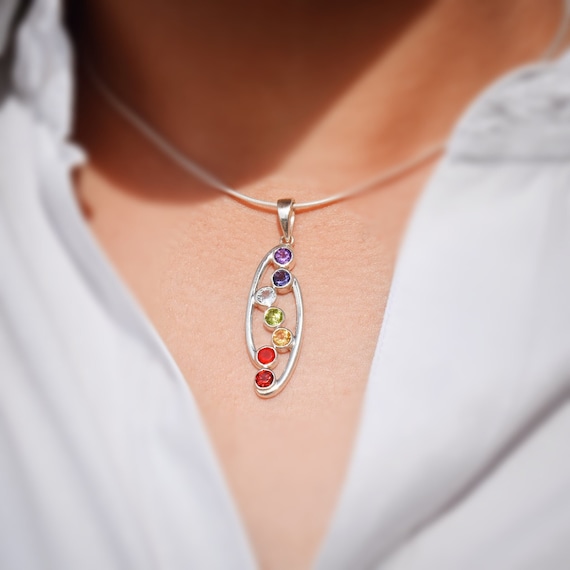 7 Chakra Pendant, 925 Sterling Silver Gemstone Pendant, Multi-Stone Pendant, Spiritual Jewelry, Chakra Healing Pendant, Yoga jewelry