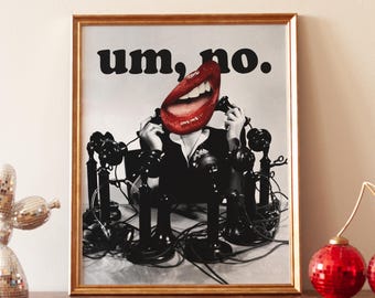 Surreal Collage Print – Vintage Phones, Lips, Statement Quote Wall Art