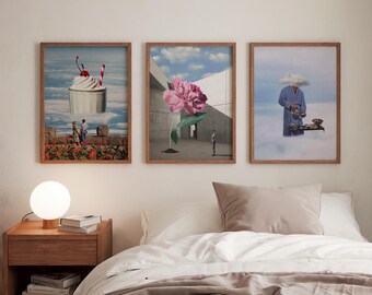 Dreamy Cloud Surreal Collage Art Print Set of 3 – Whimsical Pastel Men in Clouds Gallery Wall Bundle for Eclectic or Maximalist Home