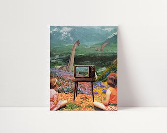 Nursery Room Dinosaur TV Art Print, Retro Collage, Surreal Landscape #70
