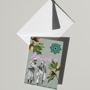 Tarjeta de San Valentín con texto "Amour": tarjeta de felicitación con caligrafía árabe impresa en arte oriental, regalo para ella y para él (5 x 7)