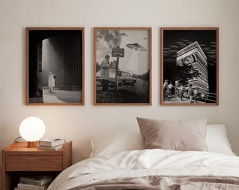 Black & White Sci-Fi Surreal Collage Art Print Set of 3 – UFO Ghost Architecture Gallery Wall Bundle for Eclectic or Dark Academia Home
