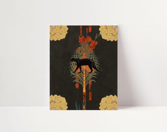 Mystical Panther Botanical Collage Art Print | Dark Vintage Wall Art | Maximalist Home Decor  #059