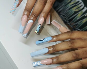 Light Blue With Foil Flower Nails Press On Nails Etsy Denmark