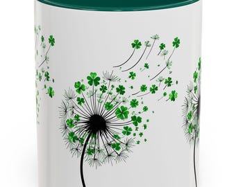 Dandelion Mugs, Watercolor Floral Coffee Cups, Shamrock Tea Mug, Nature Lover Gift, St. Patrick's Day Kitchen Decor