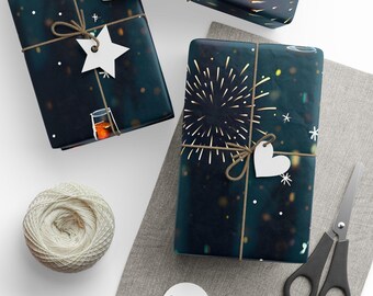 Gift Wrap Papers, New Year's Eve Celebration Pattern With Fireworks And Champagne, Wrapping Paper Roll, Holiday Gift Wrap, Festive