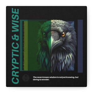 May include: A black and green illustration of a raven's head with the text "CRYPTIC & WISE" and the quote "The raven knows: wisdom is not just knowing, but daring to wonder."
