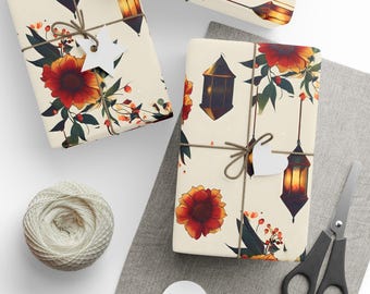 Wrapping Paper, Seamless Floral Pattern With Vibrant Lanterns And Berries Design, Holiday Gift Wrap, Gift Wrap Sheets, Wrapping Paper Roll,