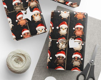 Gift Wrap Papers, Christmas Baby Bird Gift Wrap, Holiday Wrapping Paper, Cute Santa Hat Birds, Festive Gift Wrap, Wrapping Sheets