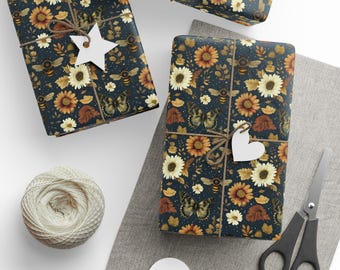 Autumn Floral Gift Wrap: Golden Bees and Butterflies on Blue