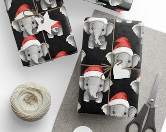 Baby Elephant Santa Hat Gift Wrap, Festive Holiday Paper