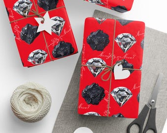 Wrapping Paper, Naughty or Nice Diamonds and Coal on Red Background - Gift Wrap Rolls, Eco-Friendly, Holiday, Christmas Gifts