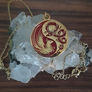 Yin Yang Necklace | Red Dragon and Phoenix Balance | Colorful Unisex Pendant | Ancient Chinese Acessory | 925 Sterling Silver, Father's Day