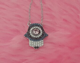 925 sterling Silver Hamsa Evil Eye Necklace, Silver Hand Shamsa, Silver Hand of Fatima with All Seeing Eyes, Hamsa Necklace