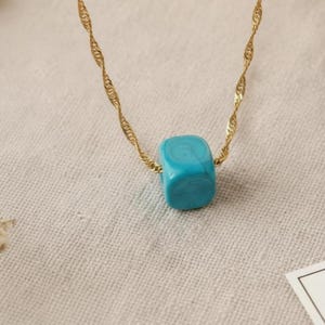 Handmade Turquoise Ceramic Cube Necklace, 18K Gold Plated Sterling Silver Chain