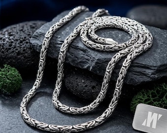 925 Sterling Silver Byzantine Chain Necklace for Men, Heavy Oxidized Square King Necklace, Perfect Gift for Him