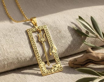 Poseidon Trident Necklace, 14K Gold Plated Greek Key Medallion, Mythology Jewelry