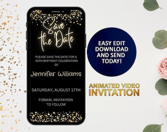 Digital Black Gold Neon Save the Date Invitation, Electronic Birthday Save the Date, Editable INVITATION, invite,Animated video invitation