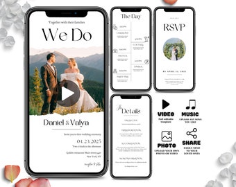 結婚式招待状セット、ビデオ招待状テンプレート、アニメーション結婚式招待状、電子結婚式招待状、ミニマリスト結婚式招待状を制作しています