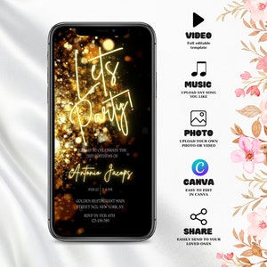 Invito animato Let's Party, invito digitale per feste con luce oro neon, invito di compleanno elettronico, invito per feste telefoniche, invito oro neon nero