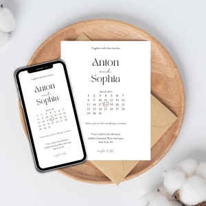 Puede incluir: Una invitación de boda con un calendario que muestra la fecha de la boda, el 18 de marzo de 2023. La invitación es para Anton y Sophia, e incluye la hora y el lugar de la ceremonia y la recepción de la boda.