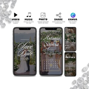 Può includere: Un annuncio digitale "Save the Date" per un matrimonio. L'annuncio presenta una foto della coppia davanti a un arco floreale. Il testo "Save The Date" è in un font decorativo. I nomi della coppia, "Antonio e Sophia", sono scritti in un font dorato. La data del matrimonio è marzo 2024. È incluso un calendario con la data cerchiata.