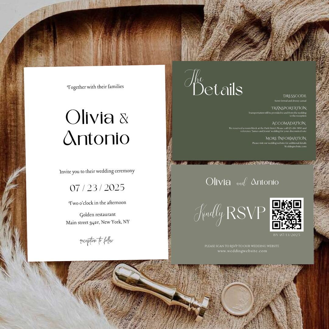 Wedding Invitation Suite With Qr Code, Minimalist Invitation Set With ...