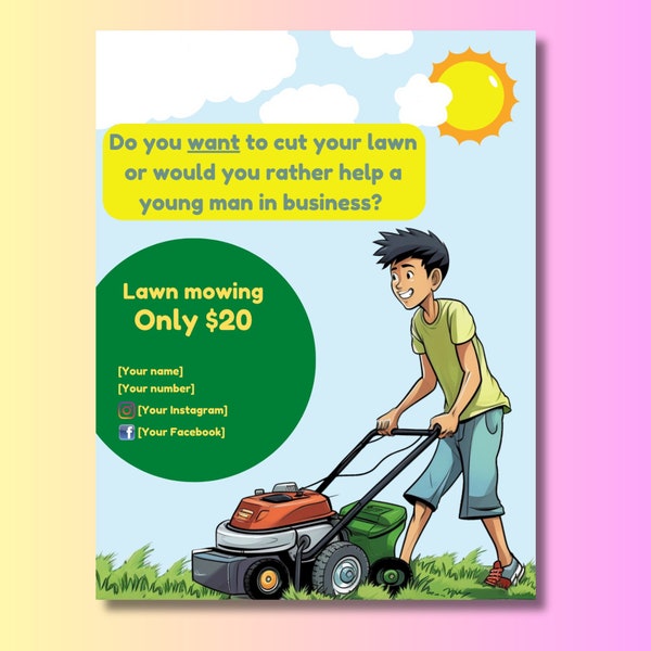 Lawn Mowing Flyer - Lawn Mowing Business - Good Kid Flyer - Custom and Personalize - Kids, Teens, DIY Lawn Care Flyer, Fun, Summer