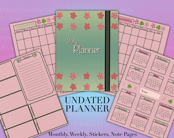 May include: A pink and green daily planner with floral patterns. The planner includes monthly, weekly, and note pages. The cover says "Daily Planner" and "UNDATED PLANNER".