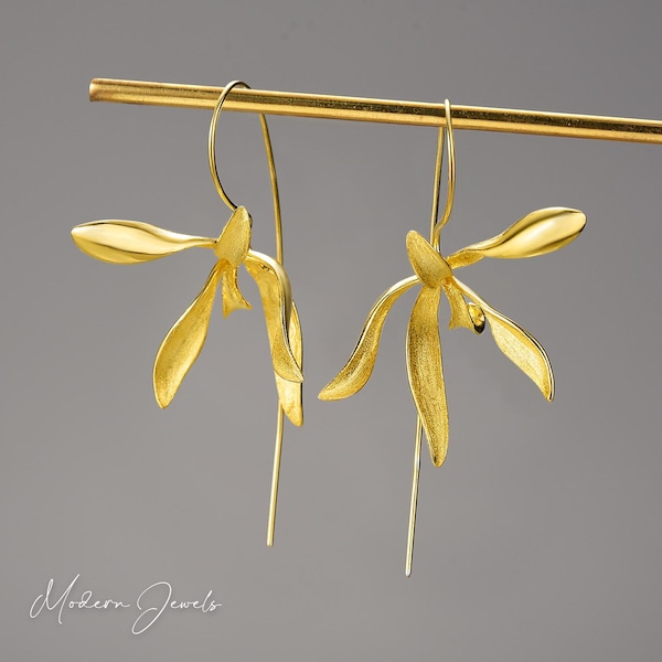 Orchid Flower Earrings, Solid Sterling Silver Dangle