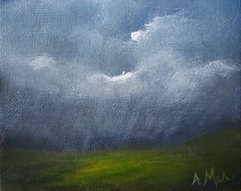 Peinture de paysage originale 5 x 5, toile 5 x 5, oeuvre d'art de nuage d'orage de mauvaise humeur, petite peinture originale