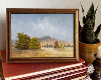 Peinture acrylique de paysage originale, peinture d'arbre avec ciel maussade, herbe jaune ciel bleu, peinture sur panneau