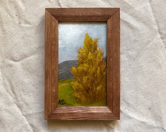 Petite peinture d'arbre, peinture originale de la nature, petit art, encadré en bois, mini peinture encadrée,