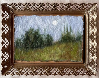 Original landscape painting on cotton rag, small tonalist painting, Trees and moon painting, Impressionist artwork, Moody landscape