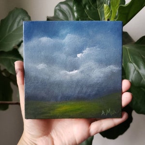 5x5 Original Landscape Painting, 5x5 Canvas, Moody storm cloud artwork, Small original painting image 2